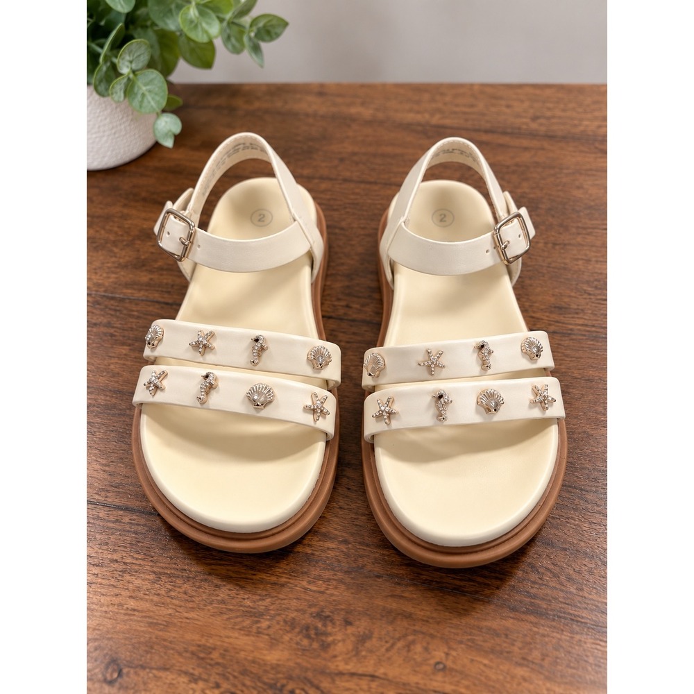 Art Class Girls Cream Nautical Charm Sandals Size 2 Seahorse Starfish Shells